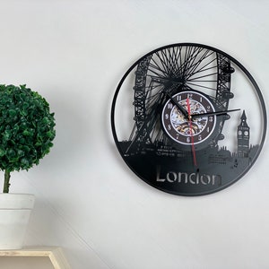 London City Landscape - Horloge murale de disque vinyle - Décor de chambre style britannique - Disque vinyle découpé