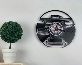 Retro Car Vinyl Record Clock, Chevy Wall Art, Man Cave Decor