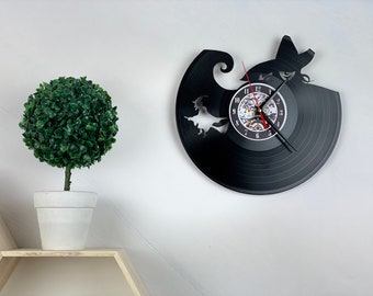 Reloj de vinilo con diseño de bruja de Halloween, decoración espeluznante para habitación.