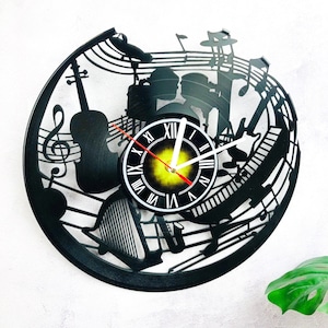 Music instruments Wall Clock Made of Vinyl Record Decor Original Design Birthday, Wedding, Anniversary, Women Men Friends Wall Decor Vintage
