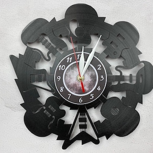 Guitar Lover Decor, Vinyl Record Wall Clock with Guitar Design, Unique Musician Gift, Retro Music Wall Clock, Rock & Roll Home Decor