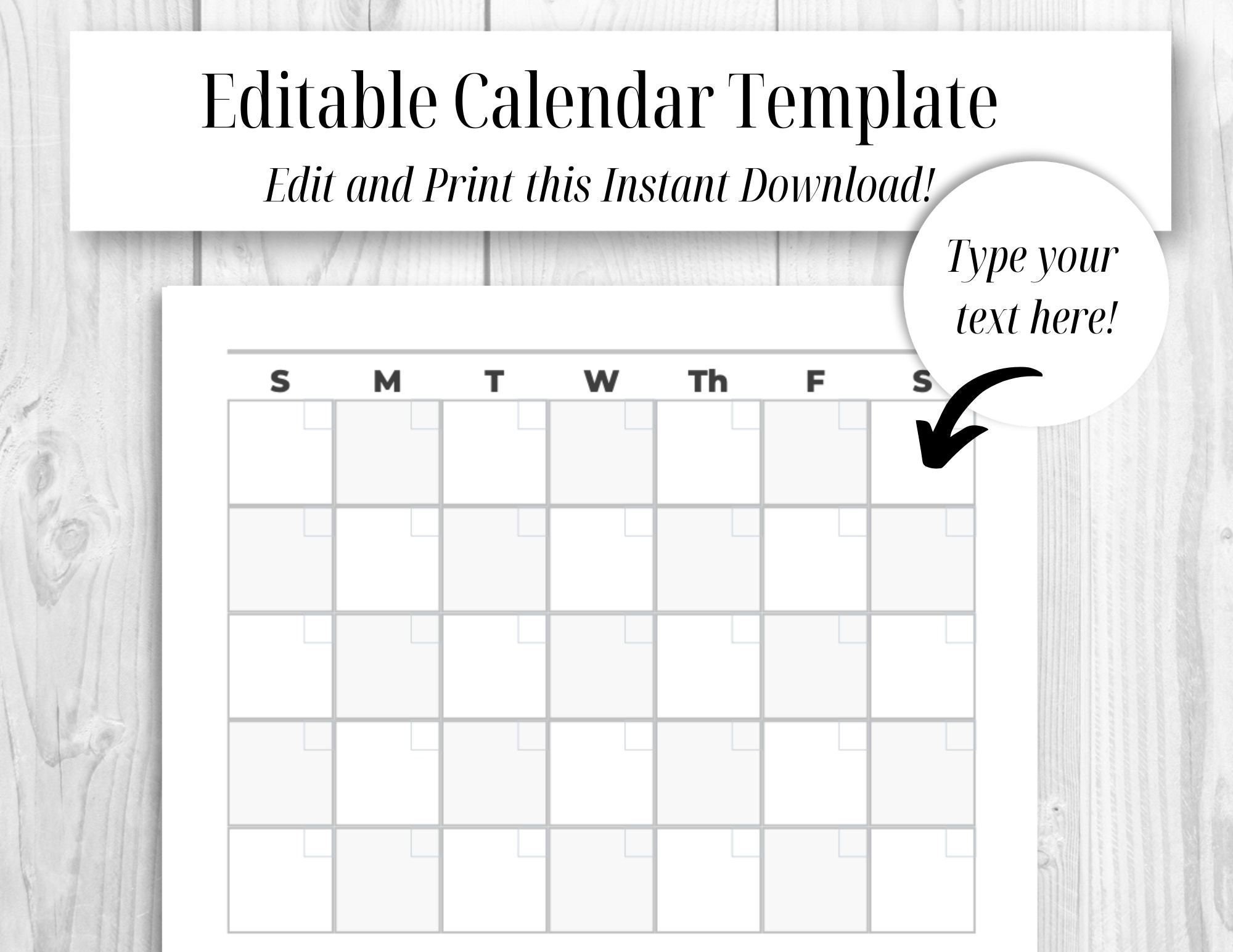 Monthly Calendar Template Blank Landscape Calendar Printable - Etsy