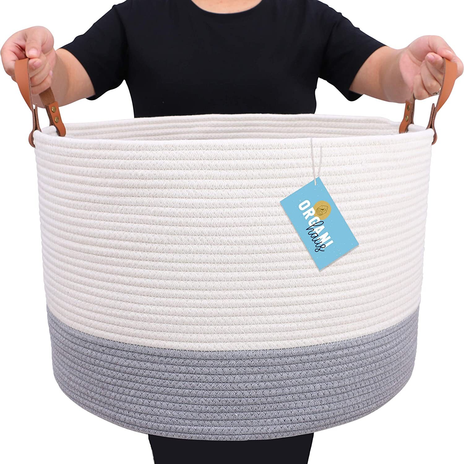 XXL Extra Large Cotton Rope Basket with Real Leather Handles Etsy