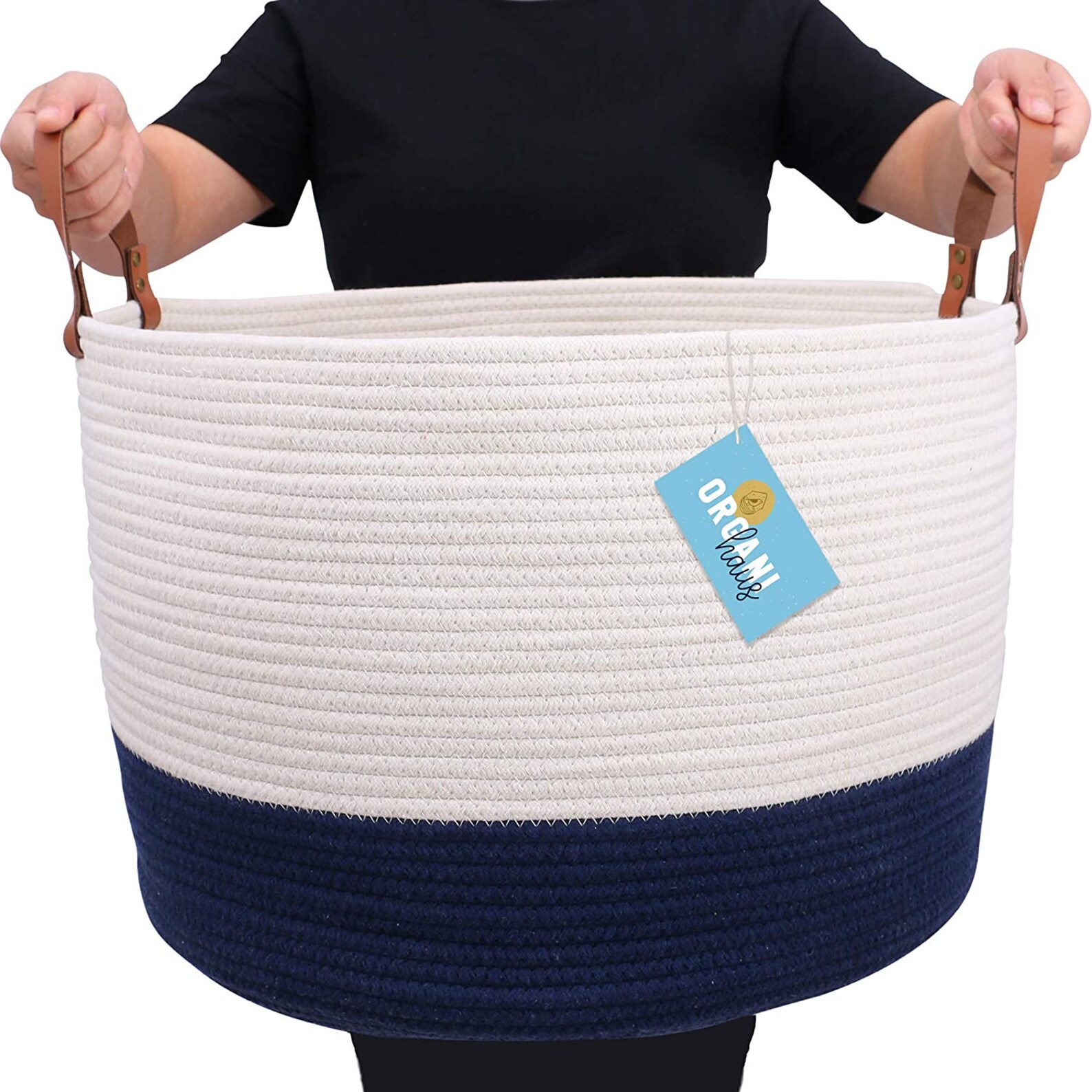 XXL Extra Large Cotton Rope Basket with Real Leather Handles Etsy
