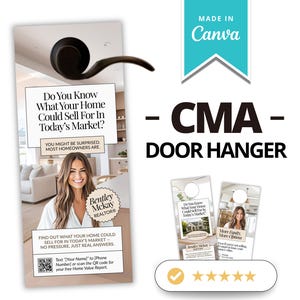 Puede incluir: Un colgador de puerta con un tirador oscuro presenta el texto "Do You Know What Your Home Could Sell For In Today's Market?" y "CMA DOOR HANGER." Incluye una foto de un agente inmobiliario y un código QR. El diseño está hecho en Canva.