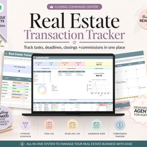 Könnte beinhalten: Eine Google Sheets-Vorlage für einen Immobilien-Transaktions-Tracker auf einem Laptop-Bildschirm. Die Benutzeroberfläche bietet ein Dashboard mit Diagrammen, eine Transaktionsliste und eine Kalenderansicht zur Verwaltung von Aufgaben und Terminen.