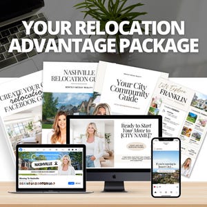 Puede incluir: Un paquete promocional para servicios de reubicación, con una computadora portátil, una computadora de escritorio y un teléfono inteligente que muestra contenido de sitios web y redes sociales. También se incluyen guías y folletos impresos, con el texto "YOUR RELOCATION ADVANTAGE PACKAGE".