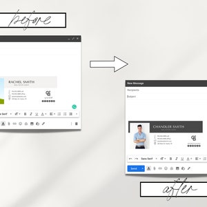 May include: A before and after image showing an email signature with a simple graphic design and text. The after image shows a more professional email signature with a headshot, text, and a logo.