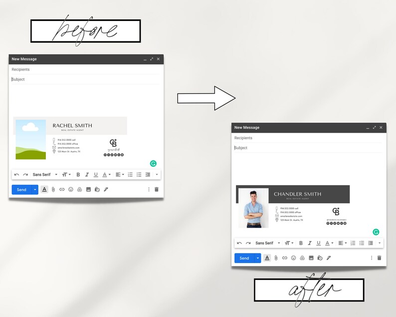 May include: A before and after image showing an email signature with a simple graphic design and text. The after image shows a more professional email signature with a headshot, text, and a logo.