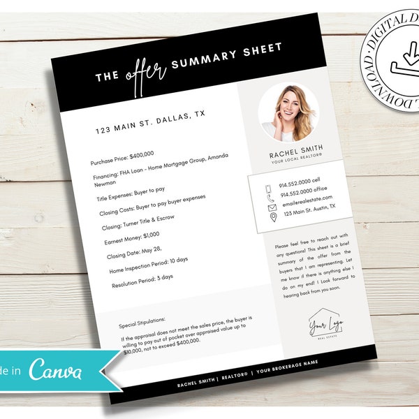 Offer Summary Cover Sheet | Real Estate Marketing | Multiple Offer | Home Buyer Guide |  Seller Guide | Offer Cover Sheet | Canva | Vol 5