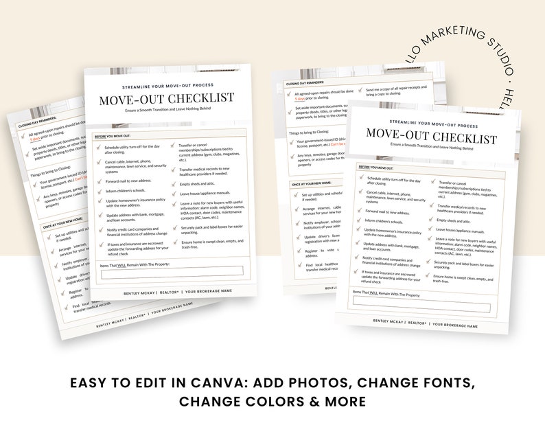 May include: A printable checklist for moving out of a house or apartment. The checklist is divided into two sections: "Before You Move Out" and "Once You're Out of Your Home". The checklist includes tasks such as scheduling utility turn-off, updating addresses, and leaving the home clean and empty.