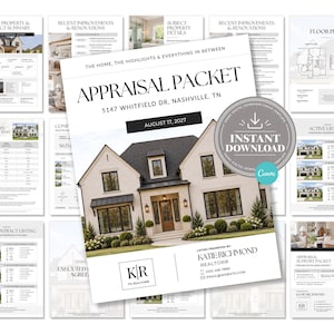 May include: A digital appraisal packet template for real estate featuring a house photo, the text APPRAISAL PACKET, 5147 WHITFIELD DR, NASHVILLE, TN, AUGUST 17, 2027, and contact details for Katie Richmond, Realtor, with an instant download icon.