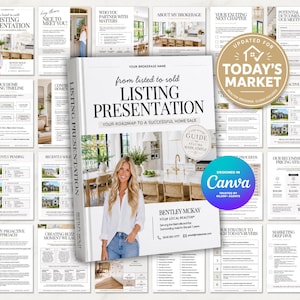May include: A real estate listing presentation template featuring a white cover with black text, a photo of a person in a white shirt, and various page layouts including timelines, pricing strategies, and marketing plans for home sales.