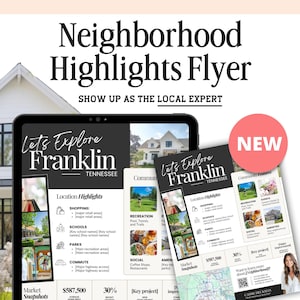 以下が含まれることがあります： 白い家の背景に、タブレットが「Let's Explore Franklin, Tennessee」というタイトルのチラシを表示しているデジタルチラシ。チラシは、その場所のショッピング、学校、公園、レクリエーション、通勤、ソーシャル、アメニティを強調しています。チラシには、587,500ユーロの価格と30％の増加を示す市場のスナップショットも含まれています。