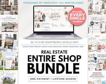 May include: A digital marketing bundle for real estate professionals featuring a laptop displaying an Etsy shop interface, surrounded by various templates for websites, local guides, buyer presentations, and postcards with the text Real Estate Entire Shop Bundle.