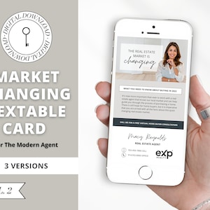 May include: A smartphone displays a real estate marketing card. The card features the text "Market Changing Textable Card" and "The Real Estate Market is Changing." The card includes a photo of a woman and contact information for Macy Reynolds, Real Estate Agent.