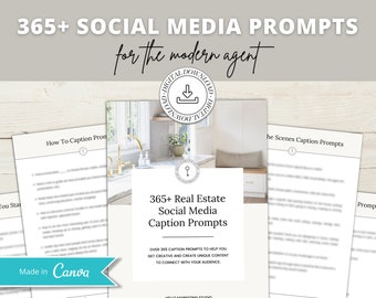May include: A digital download guide for real estate agents with 365+ social media caption prompts. The guide is made in Canva and features a kitchen interior design with a gold tap and white cabinets.