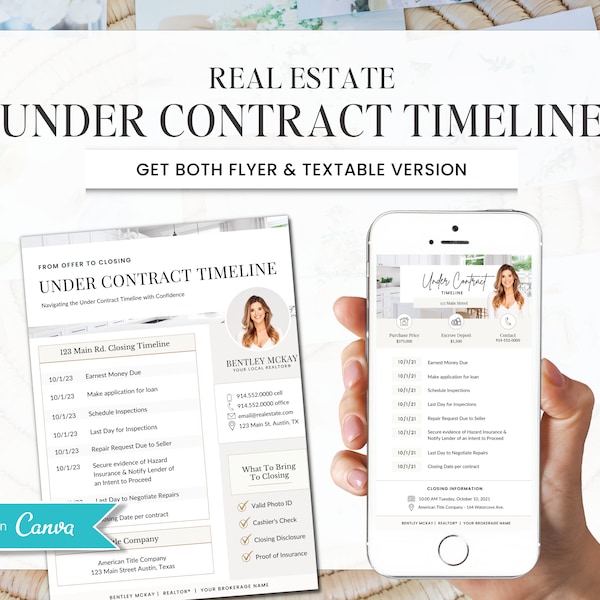 Under Contract Timeline for Real Estate | Textable Real Estate Closing Checklist | Home Buyer Guide | Real Estate Text Message | Canva