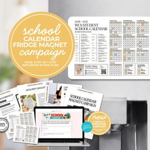 May include: A 2026-2027 school calendar fridge magnet featuring a monthly grid, a list of key dates, and a realtor contact section. The set includes multiple printed document pages, a laptop displaying a digital form, and circular marketing labels.
