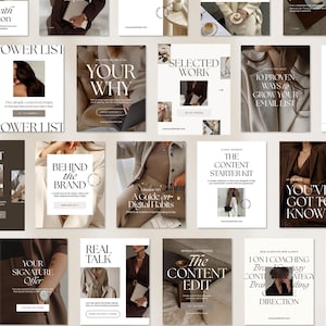 Könnte beinhalten: Eine Sammlung von Social-Media-Vorlagen in einer neutralen Farbpalette aus Braun, Beige und Weiß. Die Designs umfassen Serifenschriften, minimalistische Layouts und Platzhalter für Fotos mit Texten wie Build with Intention, Power List, Your Why, Selected Work, Behind the Brand und The Content Starter Kit.