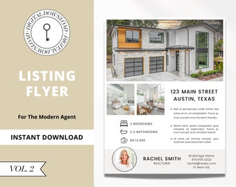 May include: A real estate listing flyer for a modern home in Austin, Texas. The flyer features a photo of the home, interior photos, and details about the property, including 3 bedrooms, 2.5 bathrooms, and a price of £613,000. The flyer also includes the name and contact information for the realtor, Rachel Smith.