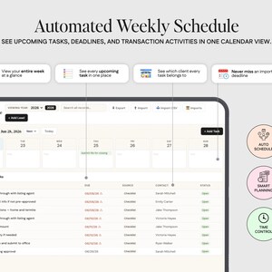 The image is a screenshot of a digital calendar with a weekly schedule, displaying upcoming tasks, deadlines, and transaction activities in one calendar view.