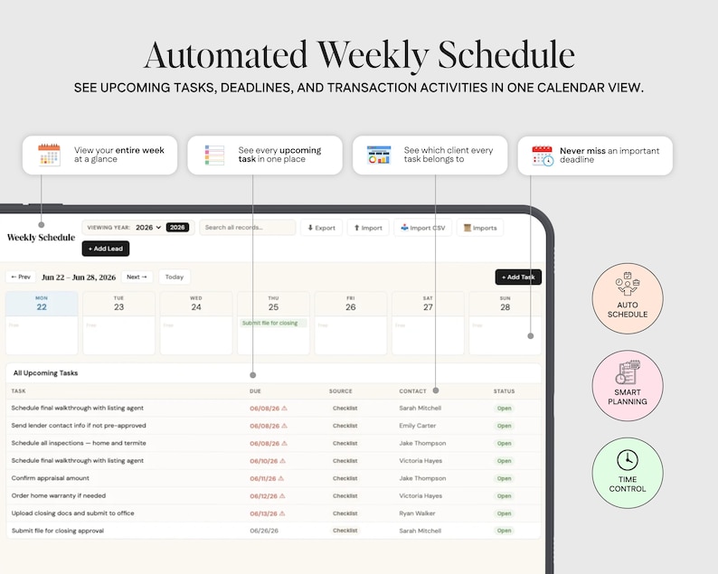 The image is a screenshot of a digital calendar with a weekly schedule, displaying upcoming tasks, deadlines, and transaction activities in one calendar view.