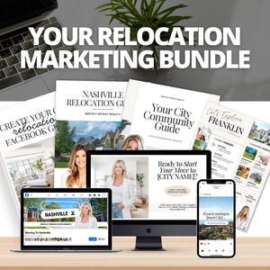 Pode incluir: Um pacote de marketing para serviços de mudança, com um laptop, um computador desktop e um smartphone exibindo conteúdo de sites e mídia social. Guias e brochuras impressas também estão incluídas, com o texto "Your Relocation Marketing Bundle."