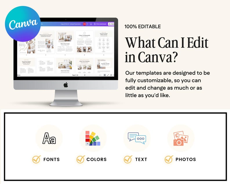 May include: A computer screen displaying a Canva design template with the text "What Can I Edit in Canva?" and a checklist of editable elements: fonts, colors, text, and photos.