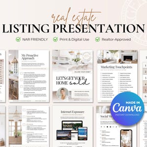 Puede incluir: Una plantilla de presentación de listado de bienes raíces con las palabras "real estate LISTING PRESENTATION" en la parte superior. La presentación incluye páginas con títulos como "Net Proceeds", "My Proactive Approach" y "Marketing Touchpoints". El logotipo de Canva es visible.