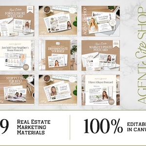 May include: Nine real estate marketing materials, including postcards, are displayed. The postcards feature images of a woman and text such as "Foreclosure Postcard" and "I Have a Buyer Postcard." The text "100% Editable in Canva" is also visible.