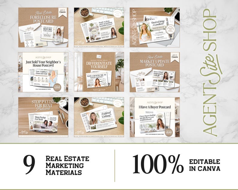 May include: Nine real estate marketing materials, including postcards, are displayed. The postcards feature images of a woman and text such as "Foreclosure Postcard" and "I Have a Buyer Postcard." The text "100% Editable in Canva" is also visible.