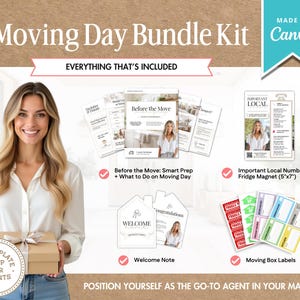 May include: A Moving Day Bundle Kit with the text "Moving Day Bundle Kit" and "Everything That's Included". The kit includes a welcome note, moving box labels, and a fridge magnet (5"x7"). The image also features a woman holding a gift box.