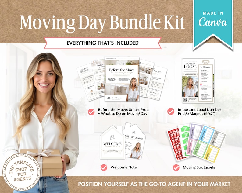 May include: A Moving Day Bundle Kit with the text "Moving Day Bundle Kit" and "Everything That's Included". The kit includes a welcome note, moving box labels, and a fridge magnet (5"x7"). The image also features a woman holding a gift box.