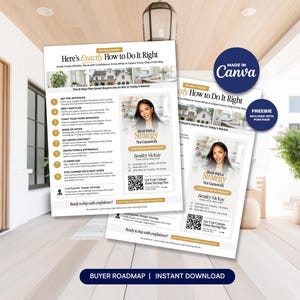 May include: A stack of white flyers with the text "Here's Exactly How to Do It Right" and "Buyer Roadmap | Instant Download". The flyers feature a photo of a woman and a list of steps for buying a home. A blue circle with "Made in Canva" is also visible.