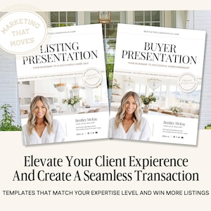 May include: Two white and gray brochures with a photo of a woman and a house interior. The brochure on the left is titled "Listing Presentation" and the brochure on the right is titled "Buyer Presentation". Both brochures have the text "Your Roadmap to a Successful..." and "Bentley McKay" at the bottom. The text "Marketing That Moves" is in a circle at the top of the image.