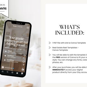 a smartphone displaying a screenshot of a real estate app with a list of options and a free canvas template.