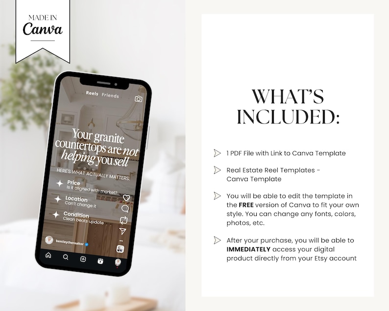 a smartphone displaying a screenshot of a real estate app with a list of options and a free canvas template.