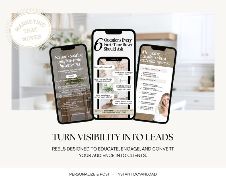 The image is an advertisement for a real estate agent service that encourages viewers to ask questions about their home and consider turning their visibility into leads.