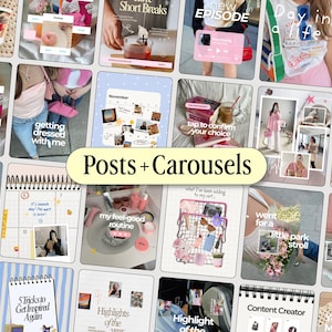May include: A digital collage template featuring multiple square frames displaying lifestyle photography, social media graphics, and text overlays including phrases like Posts + Carousels, Take Short Breaks, and Content Creator in a soft aesthetic.