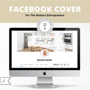 Puede incluir: Una pantalla de ordenador que muestra una plantilla de portada de Facebook para un agente inmobiliario. La plantilla presenta una foto de una cocina moderna con gabinetes blancos y electrodomésticos de acero inoxidable. El texto "Rachel Smith Agente inmobiliario" se muestra en blanco sobre un fondo negro. La plantilla también incluye una foto de perfil de Rachel Smith, un icono de llave blanca y el texto "Descarga digital".