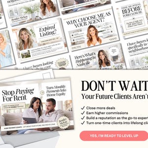 May include: A collection of real estate marketing materials, including postcards and flyers, with images of smiling individuals. The text includes phrases like "Stop Paying For Rent" and "Why Choose Me As Your Agent?" The overall theme is real estate services.