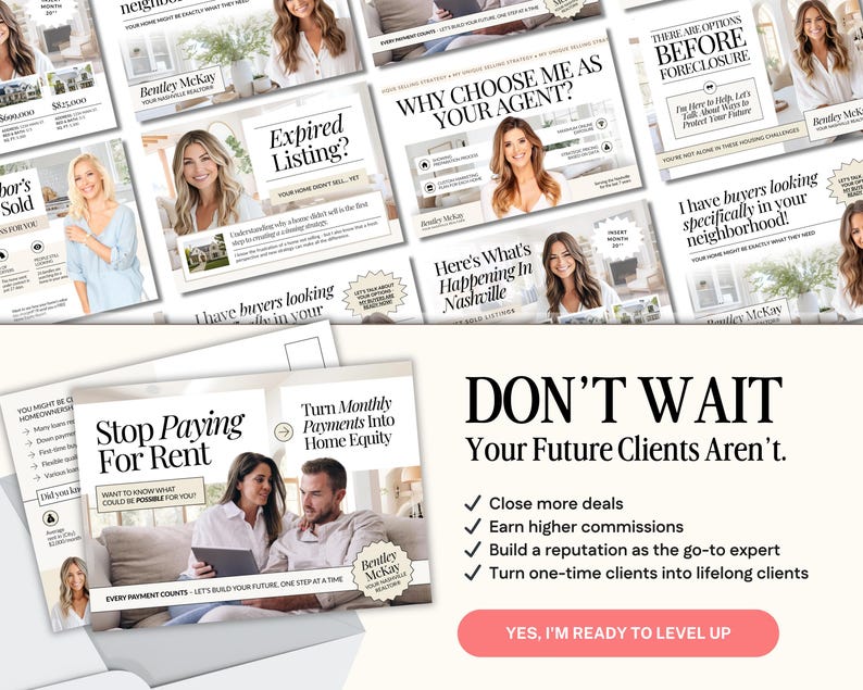 May include: A collection of real estate marketing materials, including postcards and flyers, with images of smiling individuals. The text includes phrases like "Stop Paying For Rent" and "Why Choose Me As Your Agent?" The overall theme is real estate services.