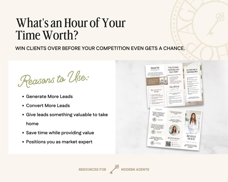 May include: A white and gold graphic with the text "What's an Hour of Your Time Worth?" and "WIN CLIENTS OVER BEFORE YOUR COMPETITION EVEN GETS A CHANCE."  The graphic also includes a list of reasons to use a service, including "Generate More Leads", "Convert More Leads", "Give leads something valuable to take home", "Save time while providing value", and "Positions you as market expert".  The graphic also includes a photo of a tri-fold brochure with the text "About Me", "My Premium Marketing Plan", and "My Premium Marketing Plan" on the front.