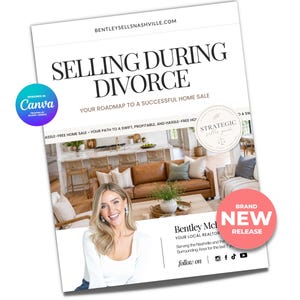 May include: A white document titled "SELLING DURING DIVORCE" with a photo of a living room and a woman. The document has a pink "BRAND NEW RELEASE" sticker and a "STRATEGIC seller guide" seal. The document is designed in Canva.