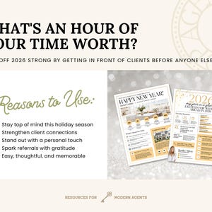 May include: A promotional graphic with the text "WHAT'S AN HOUR OF YOUR TIME WORTH?" and "KICK OFF 2026 STRONG". Two flyers are displayed, one with "HAPPY NEW YEAR!" and the other with "2026". The text "Reasons to Use:" is also present.
