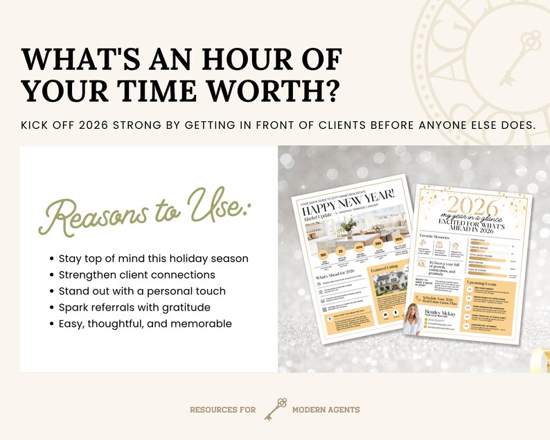 May include: A promotional graphic with the text "WHAT'S AN HOUR OF YOUR TIME WORTH?" and "KICK OFF 2026 STRONG". Two flyers are displayed, one with "HAPPY NEW YEAR!" and the other with "2026". The text "Reasons to Use:" is also present.