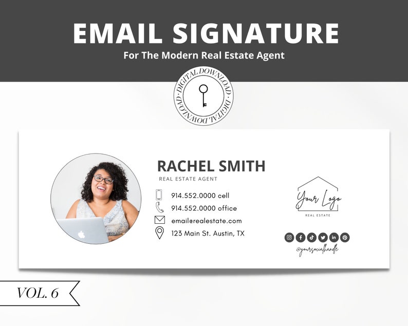 May include: A white email signature template for a real estate agent. The template features a headshot of a woman, contact information, and a logo with the text "Your Logo" and "Real Estate".