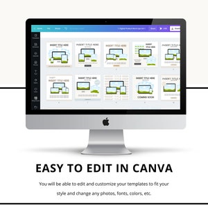 May include: A computer screen displaying a mockup of a digital product with multiple templates. The templates are designed for use in Canva and feature a variety of layouts with placeholders for text and images. The text on the screen reads "Insert Title Here" and "Coming Soon".