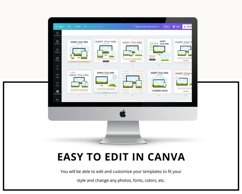 May include: A computer screen displaying a mockup of a digital product with multiple templates. The templates are designed for use in Canva and feature a variety of layouts with placeholders for text and images. The text on the screen reads "Insert Title Here" and "Coming Soon".